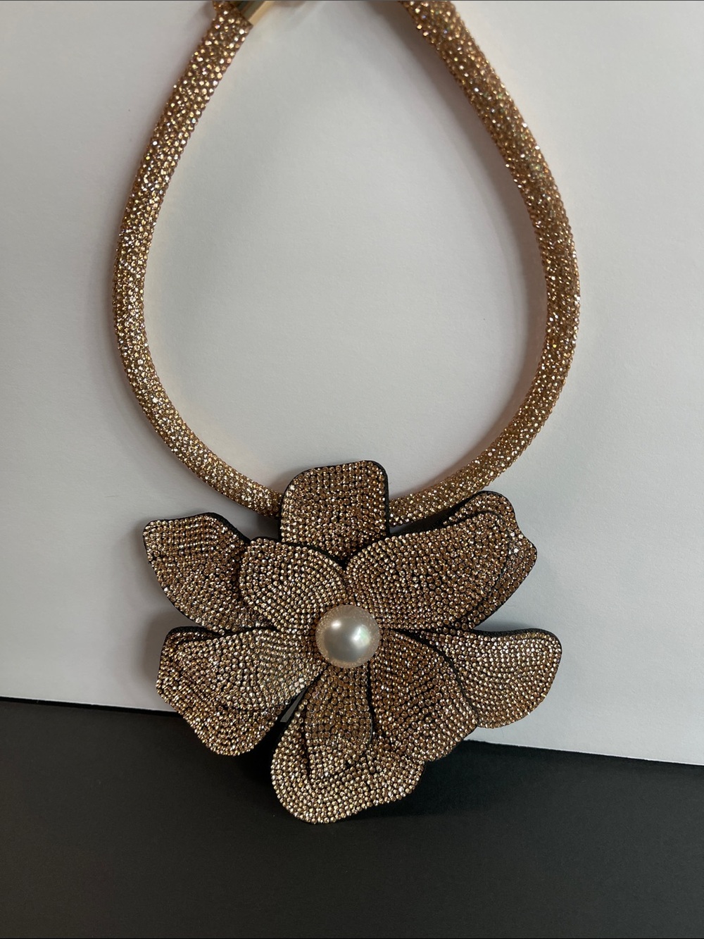 Natasha Couture Gold Crystal Floral Pendant Necklace with Pearl Center